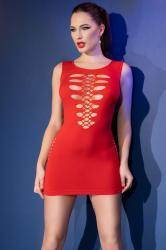 Red mini dress with openings on the sides and back.