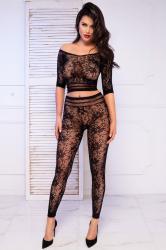 Floral embroidered mesh top and leggings. Black