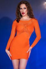 Top and skirt in stretch fabric with mesh and lace processing. Orange