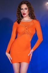 Top and skirt in stretch fabric with mesh and lace processing. Orange