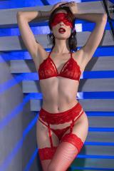 5-piece set with stockings and blindfold. Red