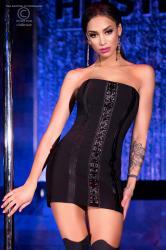 CHILIROSE: sheath mini dress with front lacing.