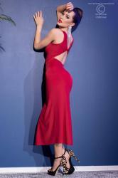 Long dress with slit and back opening + thong. Red