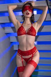 5-piece set with stockings and blindfold. Red