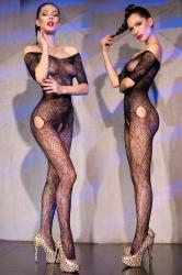 Embroidered short sleeved bodystocking.