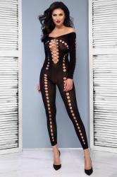 Footless opaque bodystocking with oval cutouts.
