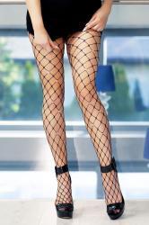 Black wide fishnet tights with rhinestones.