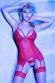 Guepiere in tulle e pizzo con tanga e calze. Rosso