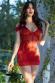 Chemise in pizzo e tulle con pendente in strass. Rosso