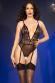 Body nero in tulle con ricami, reggicalze e calze.