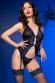 Guepiere in tulle e pizzo con ricami blu, tanga e calze.