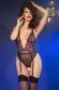 Body in tulle con ricami blu/rosa, reggicalze e calze.