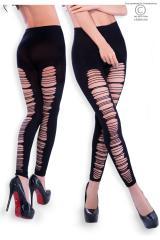 Black leggings with irregular cutouts.