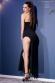 Long one-shoulder dress with slit and thong. Black
