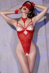 Open lace body with gloves and mask. Red