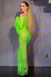 3-piece set in mesh and jersey with fringes. Neon green